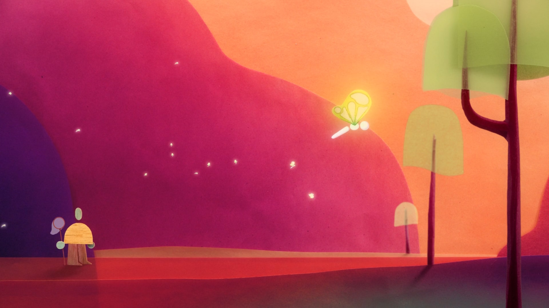 A glowing creature in a richly colored handmade landscape