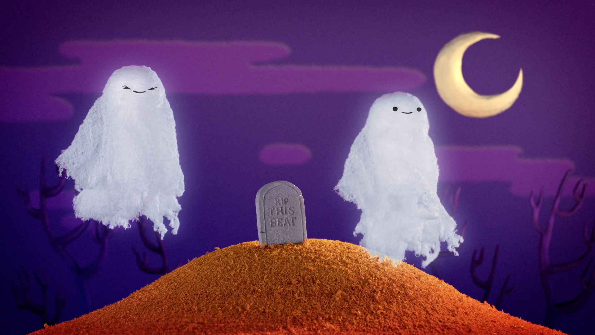 A friendly ghost beneath a crescent moon in a purple night sky